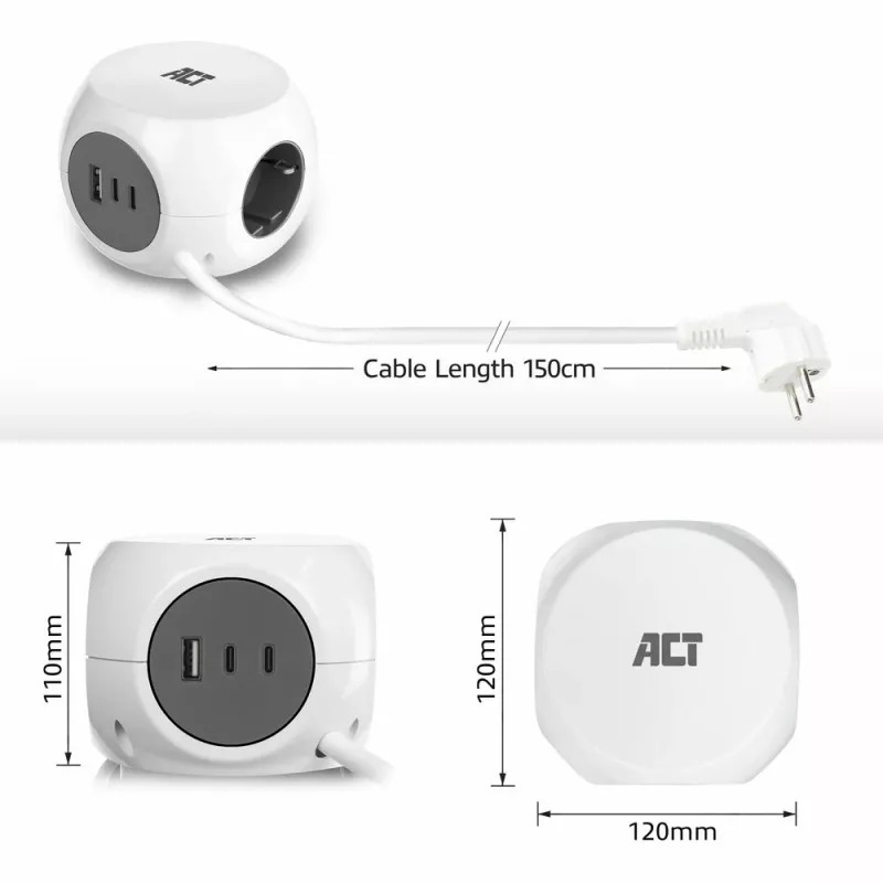 Alargador de corriente ACT AC2420 1,5 m 3 tomas de corriente para interior Blanco