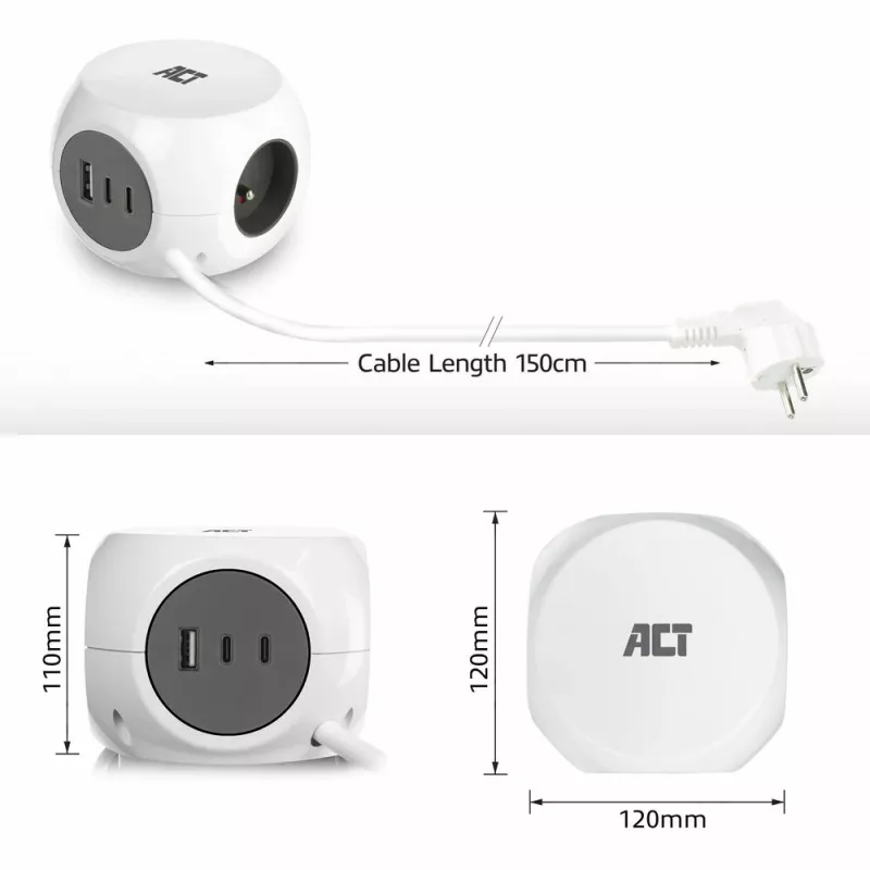 Alargador de corriente ACT AC2425 1,5 m 3 tomas de corriente para interior Blanco
