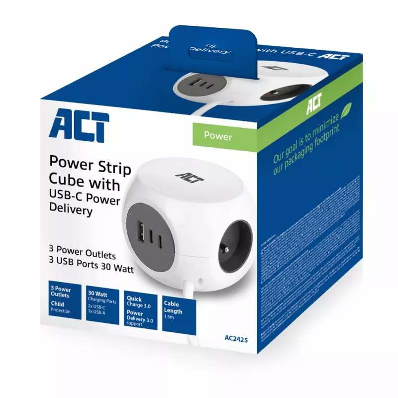 Alargador de corriente ACT AC2425 1,5 m 3 tomas de corriente para interior Blanco