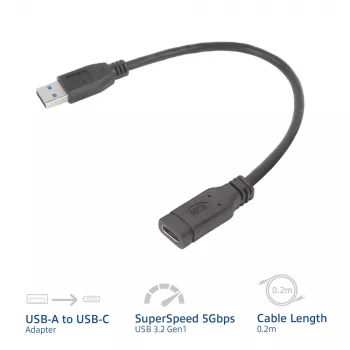 Adaptador USB ACT AC7460 conector macho USB-A a conector hembra USB-C de 24 pines, 20 cm, 5 Gbit/s
