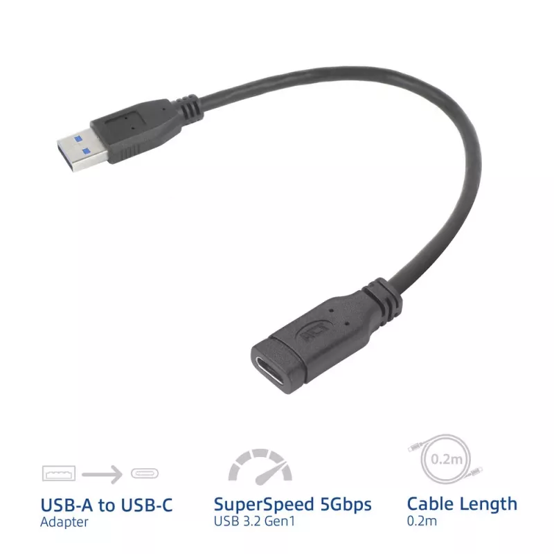 Adaptador USB ACT AC7460 conector macho USB-A a conector hembra USB-C de 24 pines, 20 cm, 5 Gbit/s