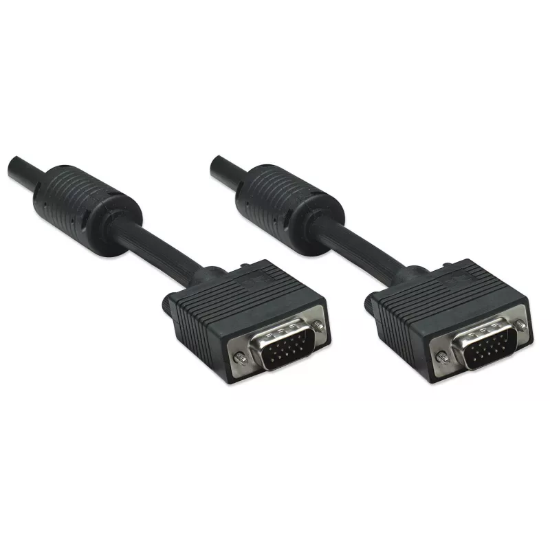 Manhattan Cable de monitor VGA (con núcleos de ferrita), 15 m, Negro, conector macho a conector macho, HD15, cable con especificación SVGA superior (totalmente compatible), el apantallamiento con núcleos de ferrita ayuda a minimizar las interferencias EMI para una mejor transmisión de vídeo, garantía de por vida