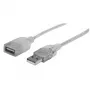 Manhattan 336314 cable alargador USB 2.0, USB-A macho a USB-A hembra, 1,8 m, plata transparente