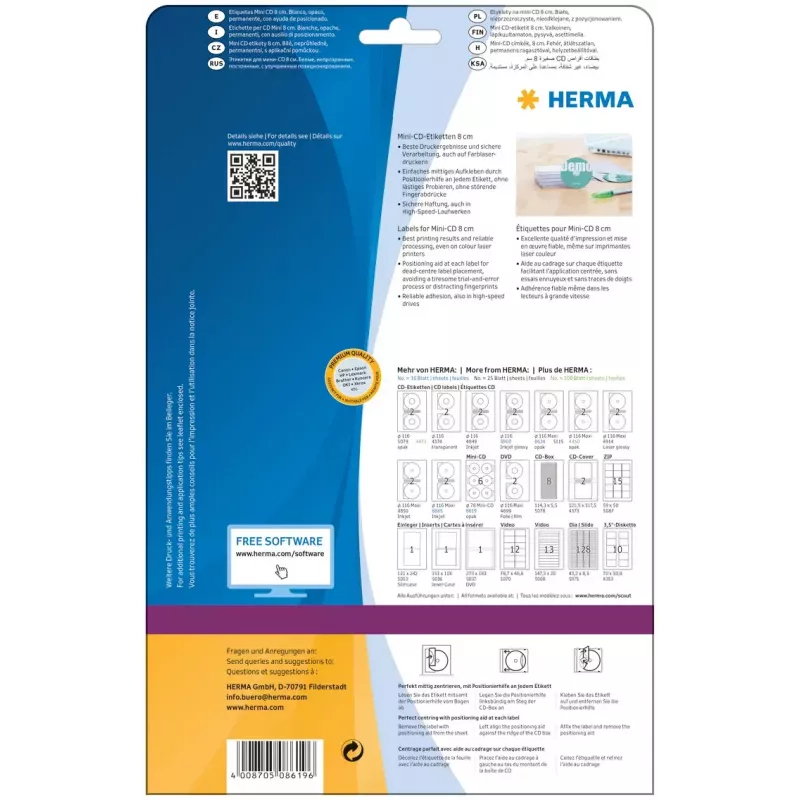 Etiquetas autoadhesivas HERMA CD Mini A4 Ø 78 mm