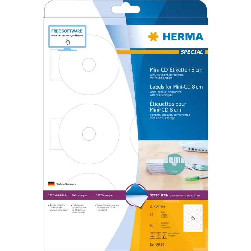 Etiquetas autoadhesivas HERMA CD Mini A4 Ø 78 mm
