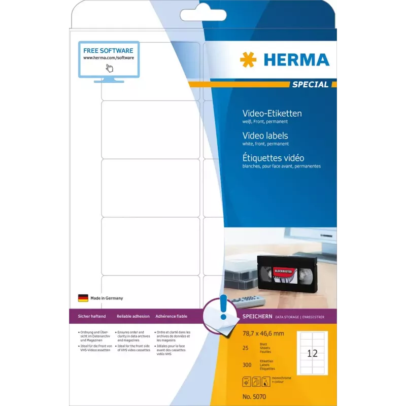 Etiqueta autoadhesiva para impresora HERMA Videoetiquetas A4 78,7x46,6 mm