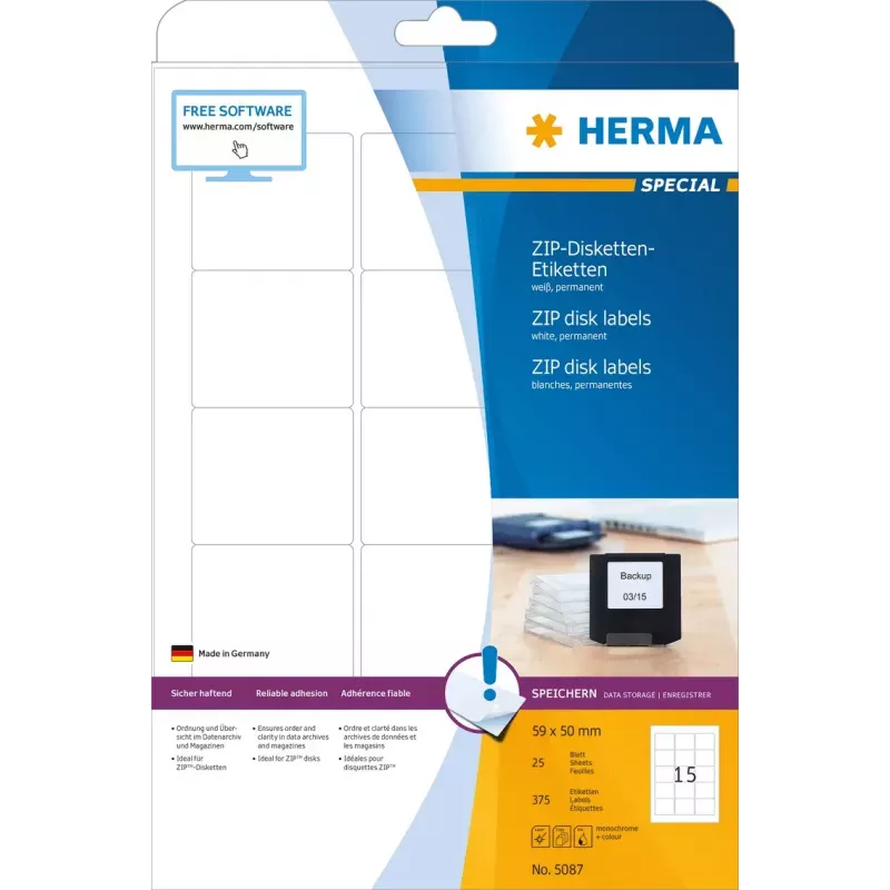 Etiquetas HERMA ZIP diskettes A4 59x50 mm papel blanco mate 375 uds.