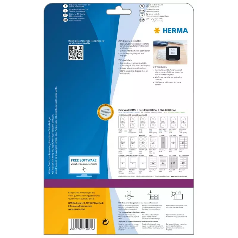 Etiquetas HERMA ZIP diskettes A4 59x50 mm papel blanco mate 375 uds.