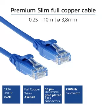 ACT Azul 2 metros LSZH U/UTP CAT6 Cable de red Slimline para centro de datos sin lengüeta con conectores RJ45