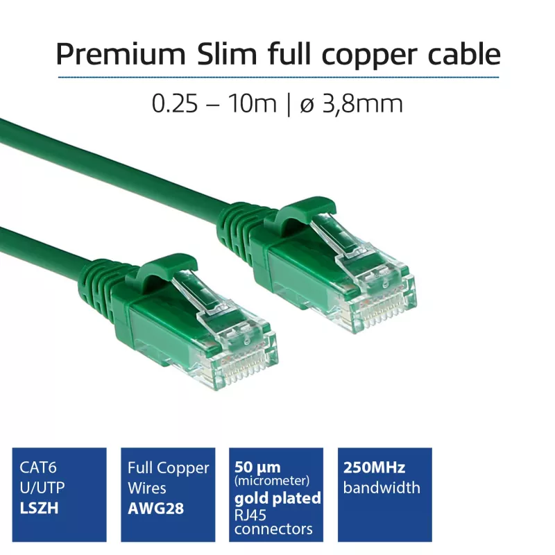 ACT Verde 5 metros LSZH U/UTP CAT6 Cable de red Slimline para centro de datos con conectores RJ45