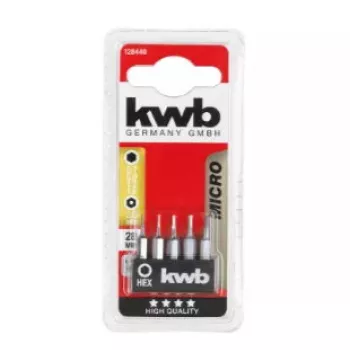 Juego de puntas para destornillador KWB 128440 — 5 uds., puntas hexagonales (imperial), tamaños métricos 0,7, 0,9, 1,3, 1,5, 2 mm, 28 mm de longitud