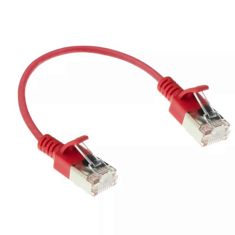 ACT rojo 0,15 m LSZH U/FTP CAT6A cable de conexión slimline para centro de datos con protección de bloqueo y conectores macho RJ45