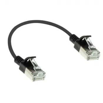 ACT negro 0,15 metros LSZH U/FTP CAT6A cable de conexión slimline para centro de datos sin lengüeta de retención con conectores macho RJ45