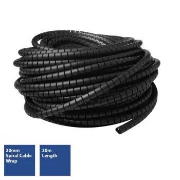 ACT funda espiral para cables de 20 mm, longitud 30 metros, gestión de cables, negro, policloruro de vinilo (PVC)