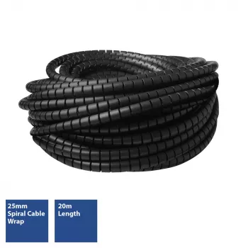 ACT enrollador de cable espiral de 25 mm, 20 metros de longitud, gestión de cables, negro, policloruro de vinilo (PVC)