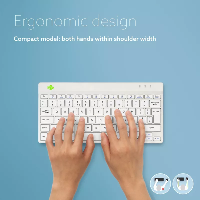R-Go Tools teclado ergonómico R-Go Compact Break, teclado compacto con software de pausas, QWERTY (UK), Bluetooth, blanco