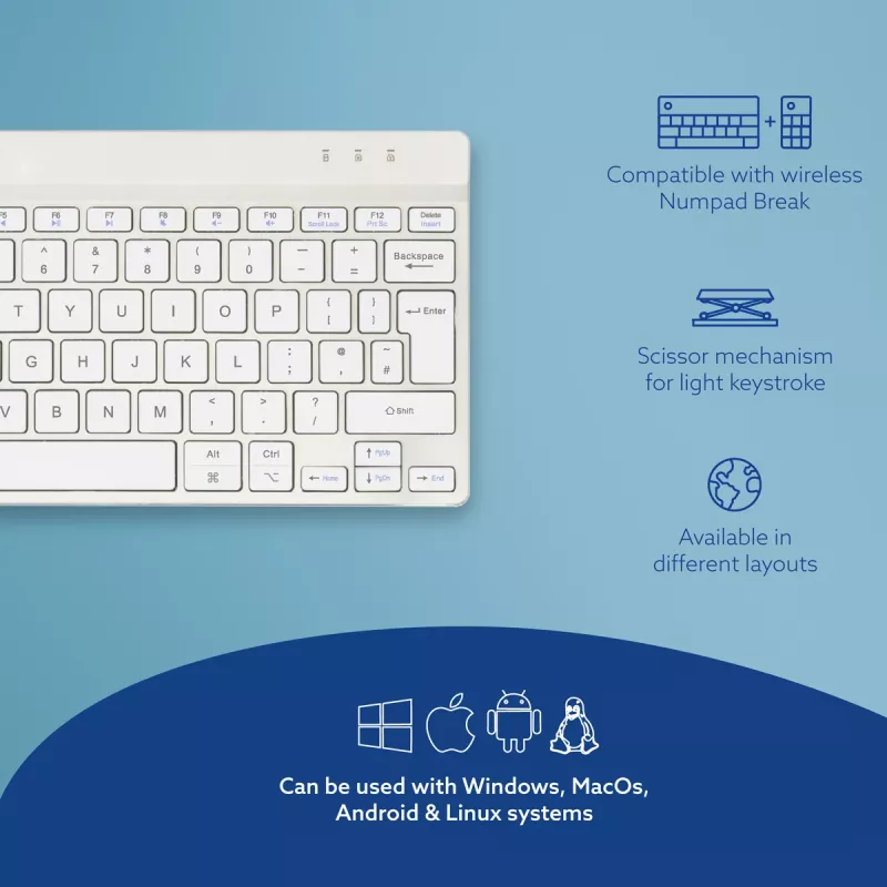 R-Go Tools teclado ergonómico R-Go Compact Break, teclado compacto con software de pausas, QWERTY (UK), Bluetooth, blanco