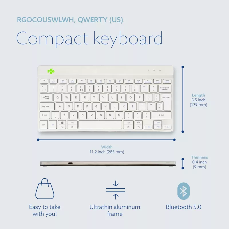 R-Go Tools teclado ergonómico R-Go Compact Break, teclado compacto con software de pausas, QWERTY (UK), Bluetooth, blanco