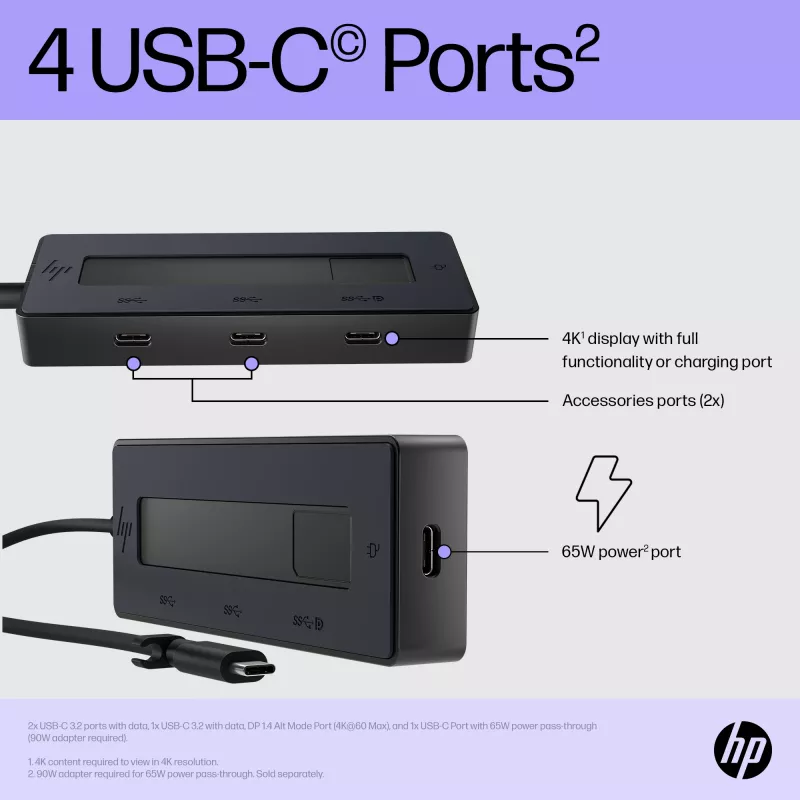 HP 4K USB-C Multiport Hub, USB Type-C, USB Type-C, 10000 Mbit/s, 3840 x 2160, negro, 65 W