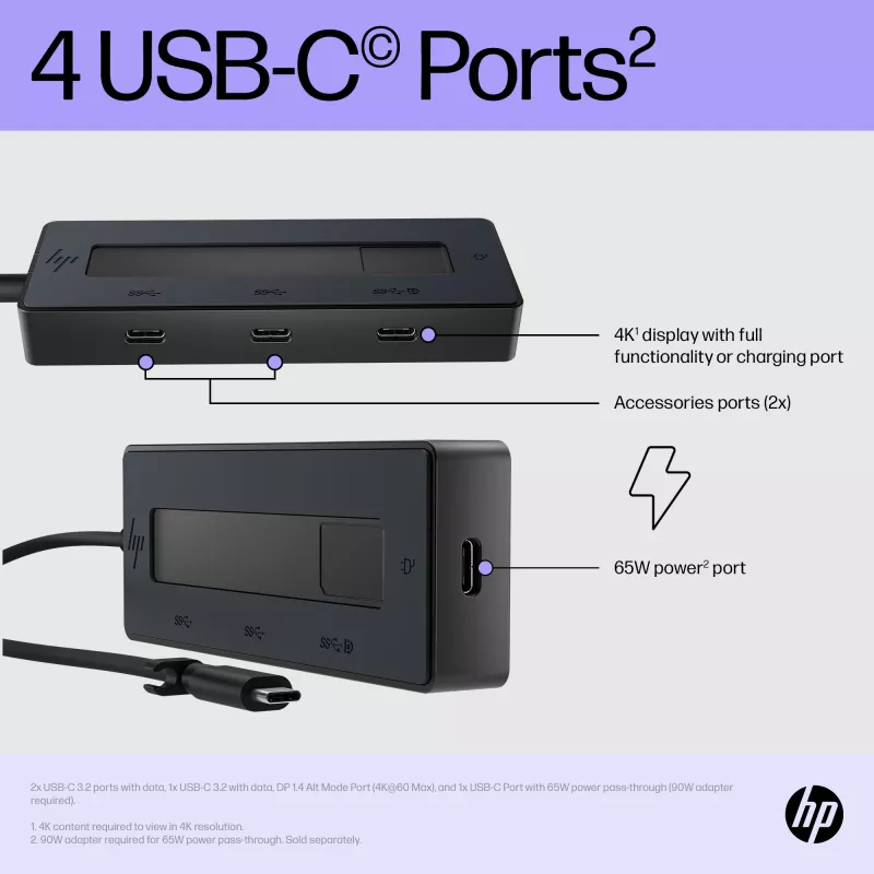 HP 4K USB-C Multiport Hub, USB Type-C, USB Type-C, 10000 Mbit/s, 3840 x 2160, negro, 65 W