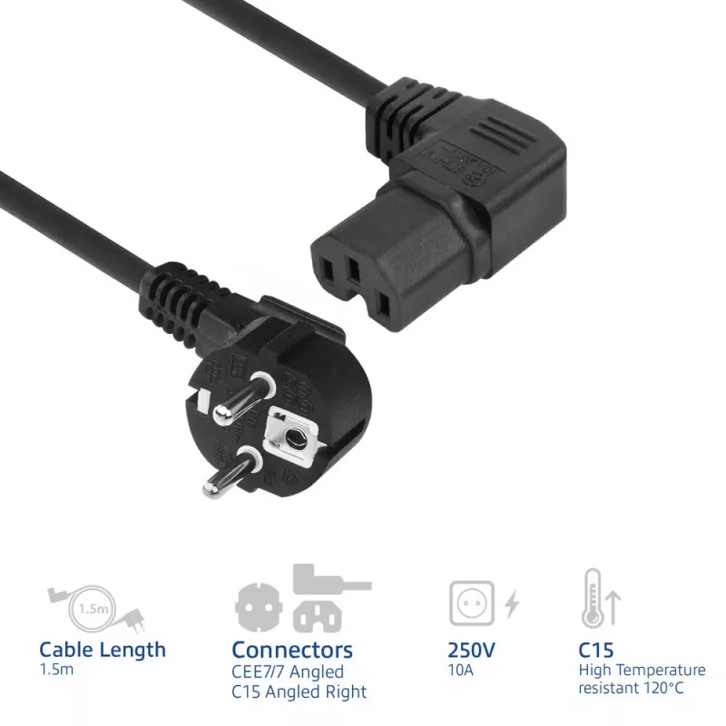 Cable de alimentación ACT CEE 7/7 conector macho (acodado) - C15 (acodado a la derecha) IEC60320 negro 1,5 m