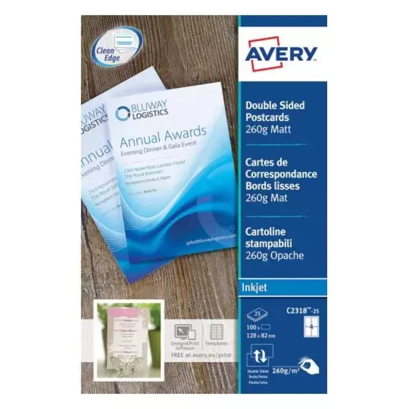 Avery Quick&Clean C2318-25i tarjetas, 82,6 x 127 mm, 260 g/m², blanco, 100 tarjetas (25 hojas x 4)