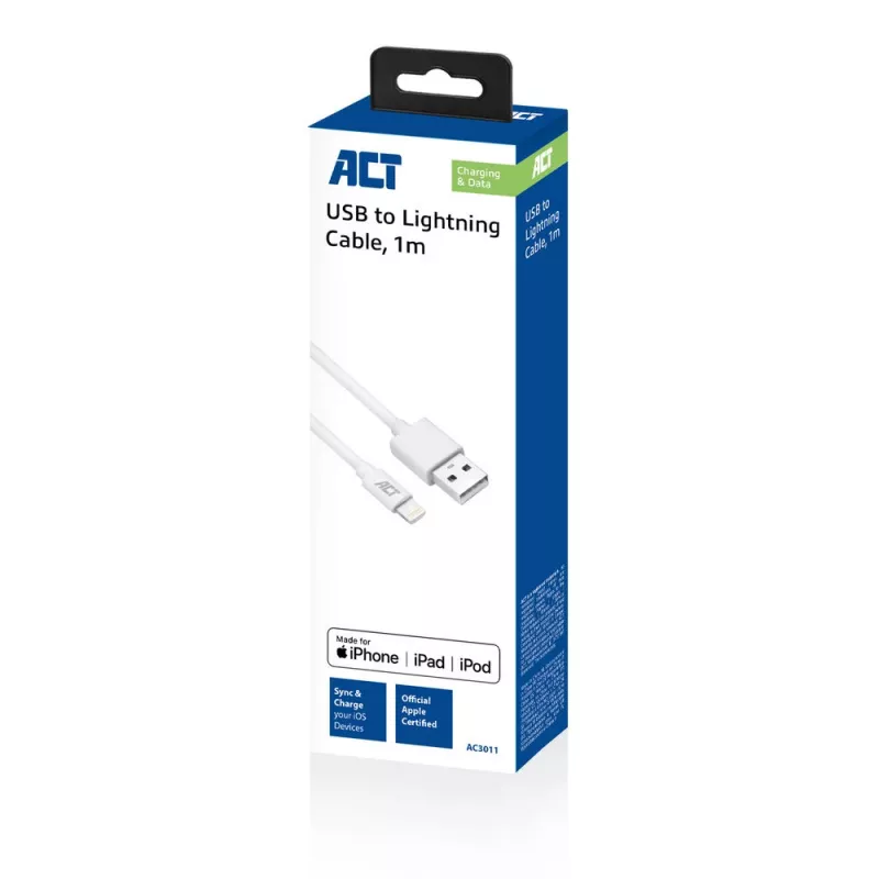 ACT Cable de carga/datos USB 2.0 conector A macho - conector Lightning 1 metro, certificado MFI