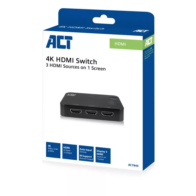 ACT Conmutador HDMI 4K 3x1 Negro 60Hz 1920x1080 3840x2160