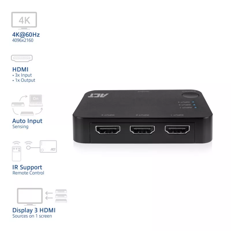 ACT Conmutador HDMI 4K 3x1 Negro 60Hz 1920x1080 3840x2160