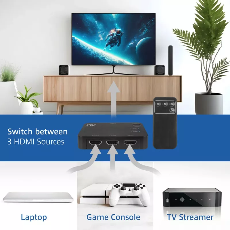 ACT Conmutador HDMI 4K 3x1 Negro 60Hz 1920x1080 3840x2160
