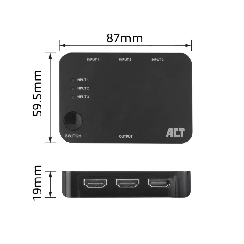 ACT Conmutador HDMI 4K 3x1 Negro 60Hz 1920x1080 3840x2160