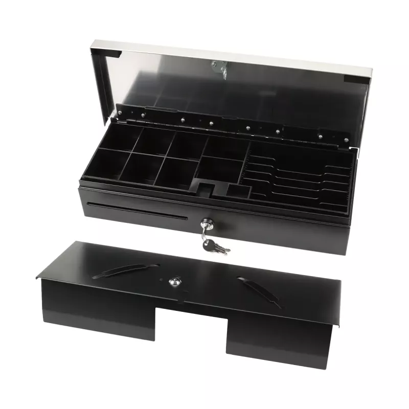 Cajón portamonedas electrónico Olympia HS-170S con carcasa de plástico/acero, negro y acabado acero inoxidable
