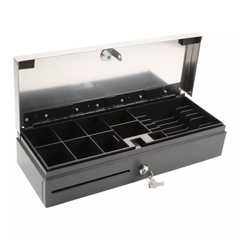 Cajón portamonedas electrónico Olympia HS-170S con carcasa de plástico/acero, negro y acabado acero inoxidable