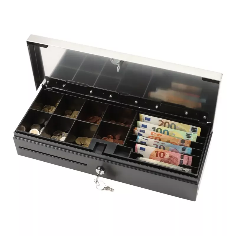 Cajón portamonedas electrónico Olympia HS-170S con carcasa de plástico/acero, negro y acabado acero inoxidable