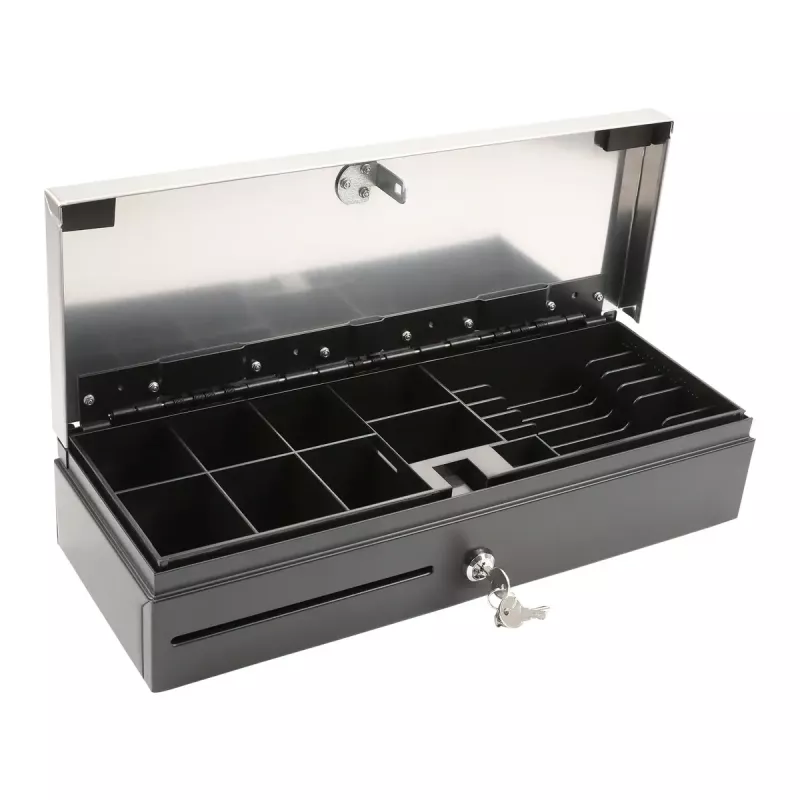 Cajón portamonedas electrónico Olympia HS-170S con carcasa de plástico/acero, negro y acabado acero inoxidable