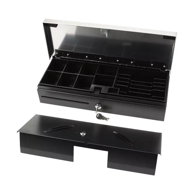Cajón portamonedas electrónico Olympia HS-170S con carcasa de plástico/acero, negro y acabado acero inoxidable