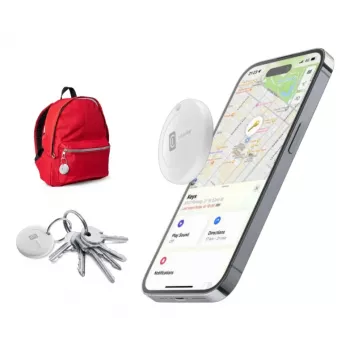 Cellularline Tracy – rastreador de objetos diseñado para iOS compatible con Android, ideal para encontrar llaves, mochilas y objetos personales a través de la app Buscar de Apple. Compacto, preciso y fácil de configurar.