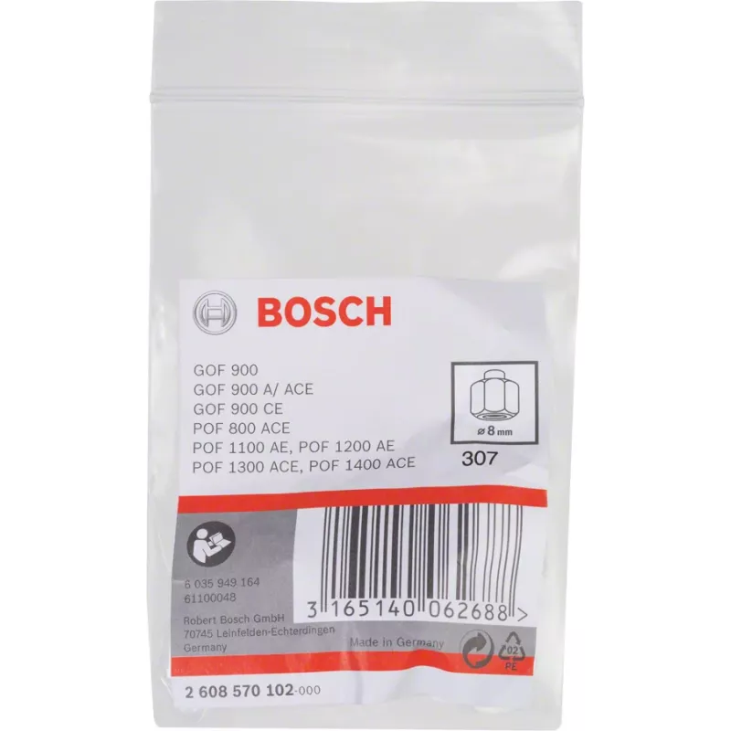 Bosch 2608570102 pinza de sujeción 8 mm con tuerca de apriete de 19 mm para fresadoras GOF/POF, negra