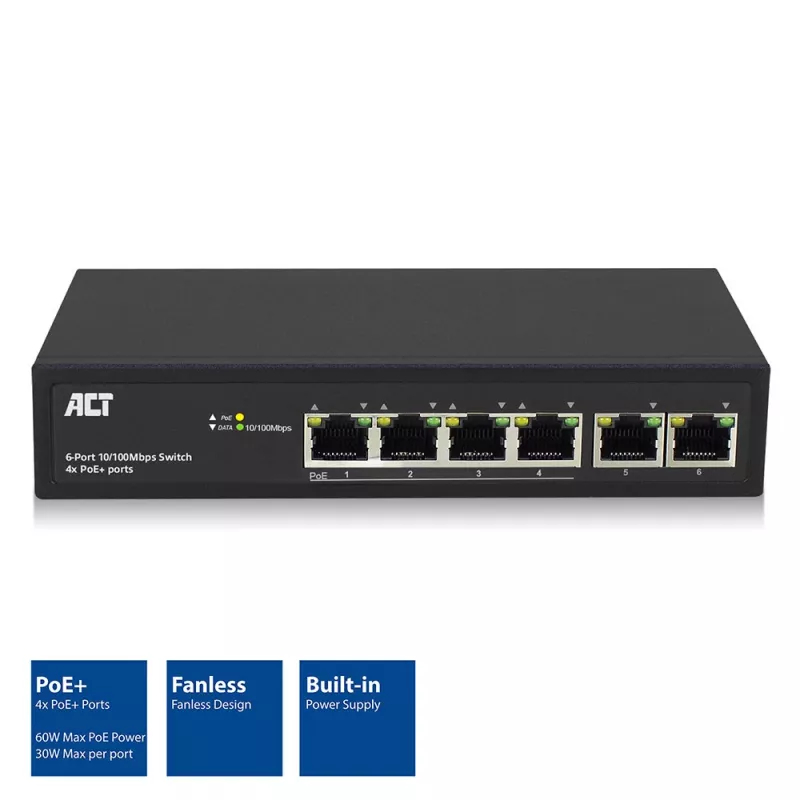 ACT switch de red de 6 puertos, 10/100 Mbit/s, 4x puertos PoE+ (30 W)