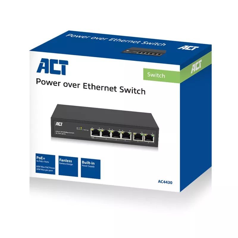 ACT switch de red de 6 puertos, 10/100 Mbit/s, 4x puertos PoE+ (30 W)