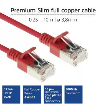 ACT rojo cable de conexión Slimline U/FTP CAT6A LSZH para centro de datos de 0,25 m sin lengüeta con conectores RJ45