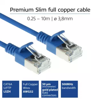 ACT azul cable de conexión Slimline U/FTP CAT6A LSZH para centro de datos de 2 metros con protección de lengüeta y conectores RJ45
