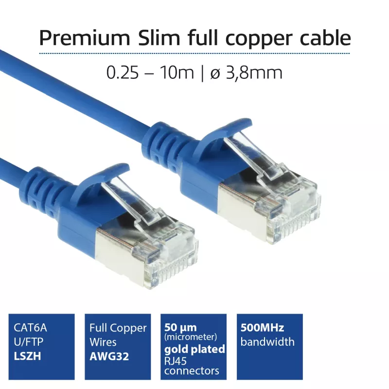 ACT azul cable de conexión Slimline U/FTP CAT6A LSZH para centro de datos de 0,25 metros con conectores RJ45
