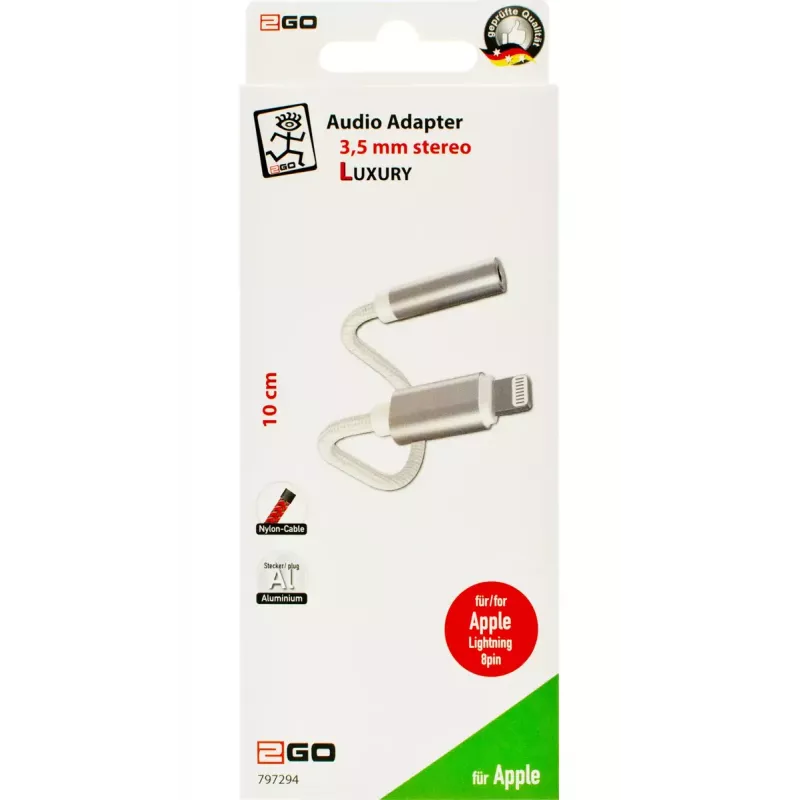 Cable de audio 2GO 797294 conector hembra jack 3,5 mm a conector macho Lightning 0,1 m blanco