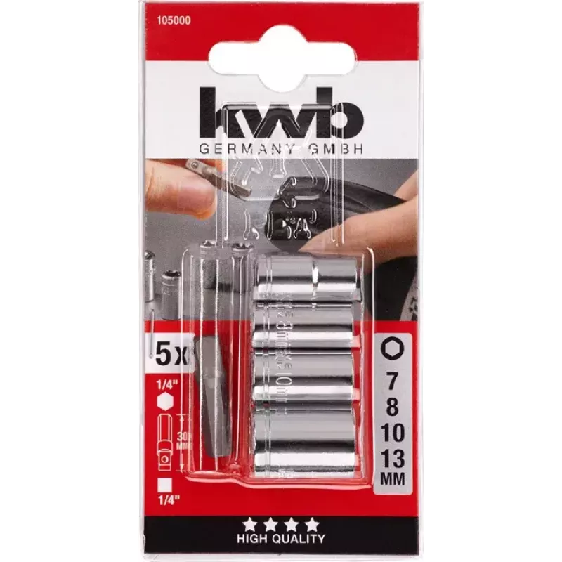 kwb 105000 Juego de llaves de vaso con adaptador de 1/4", 7/8/10/13 mm, 5 uds.