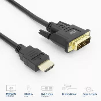 ACT AK3734 Adaptador de cable de vídeo 1 m HDMI Type-A (estándar) DVI-D negro