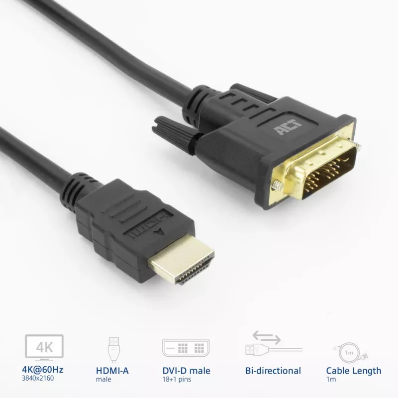 ACT AK3734 Adaptador de cable de vídeo 1 m HDMI Type-A (estándar) DVI-D negro