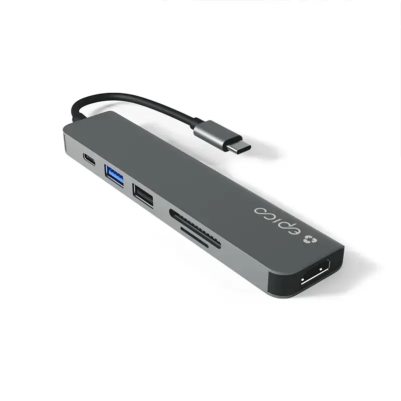 Hub de interfaz Epico 9915112100080 — host USB Type-C, HDMI, USB 2.0, USB Type-C, lector de tarjetas MicroSD/SD, aluminio/TPU, gris