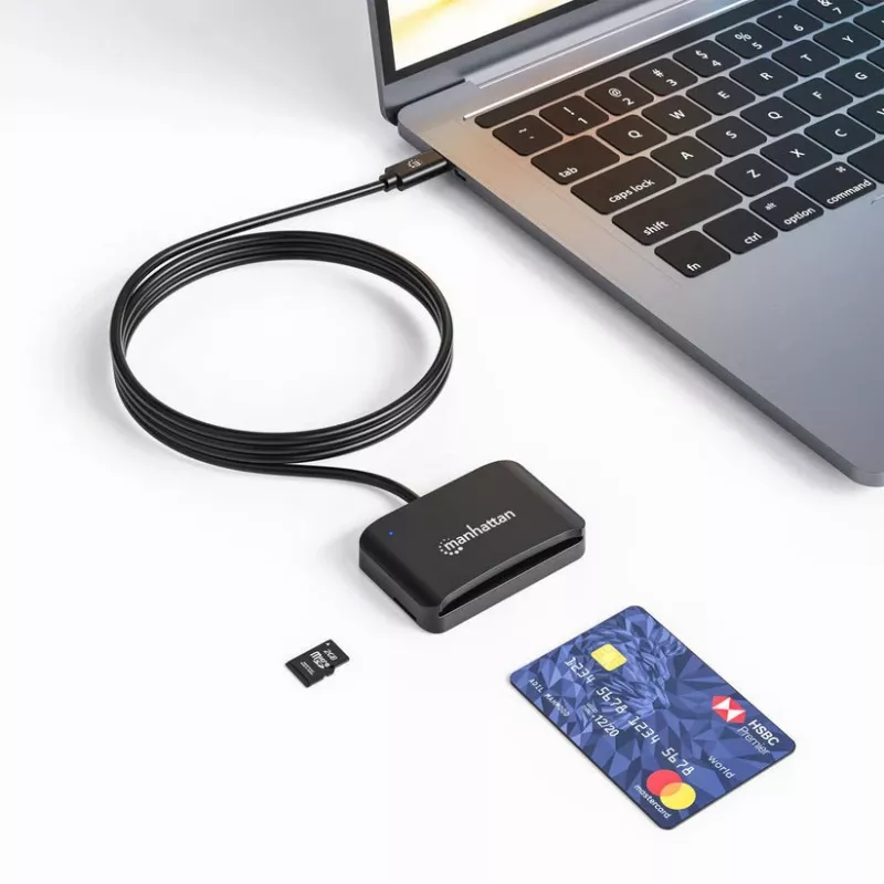 Lector de tarjetas de chip por contacto USB-C Manhattan con ranura microSD, conector macho USB Type-C a interfaz de lector por contacto y microSDXC, compatible con Windows, macOS y Linux, lee tarjetas SIM con adaptador, cable de 1 m, Negro, tres años de garantía