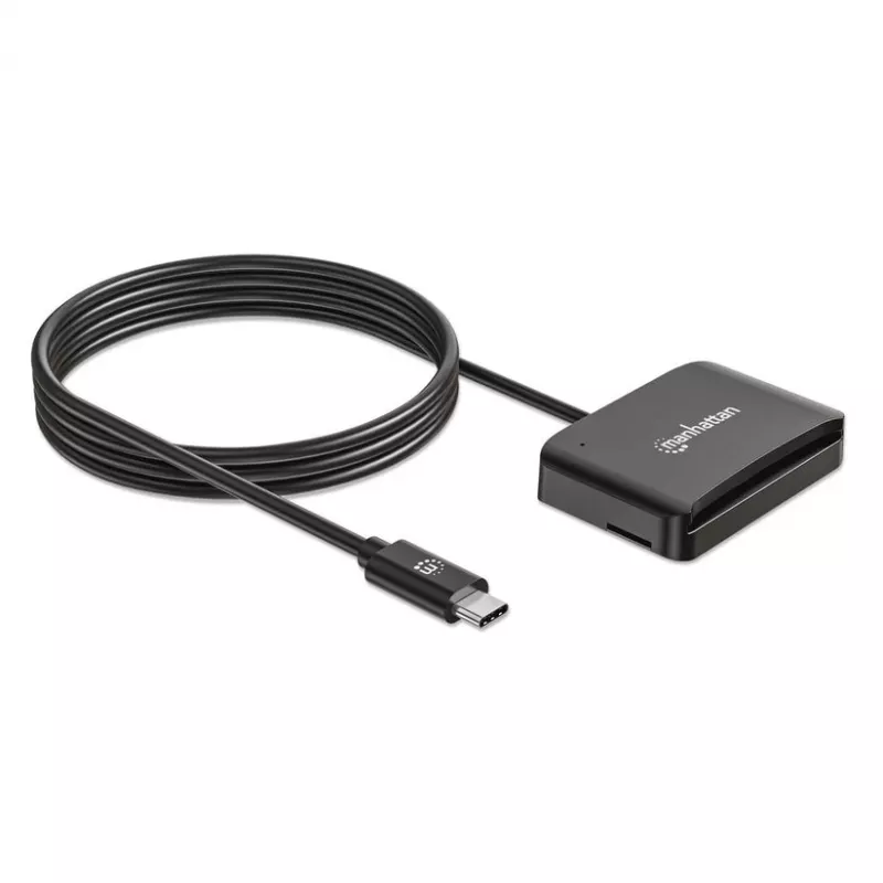 Lector de tarjetas de chip por contacto USB-C Manhattan con ranura microSD, conector macho USB Type-C a interfaz de lector por contacto y microSDXC, compatible con Windows, macOS y Linux, lee tarjetas SIM con adaptador, cable de 1 m, Negro, tres años de garantía